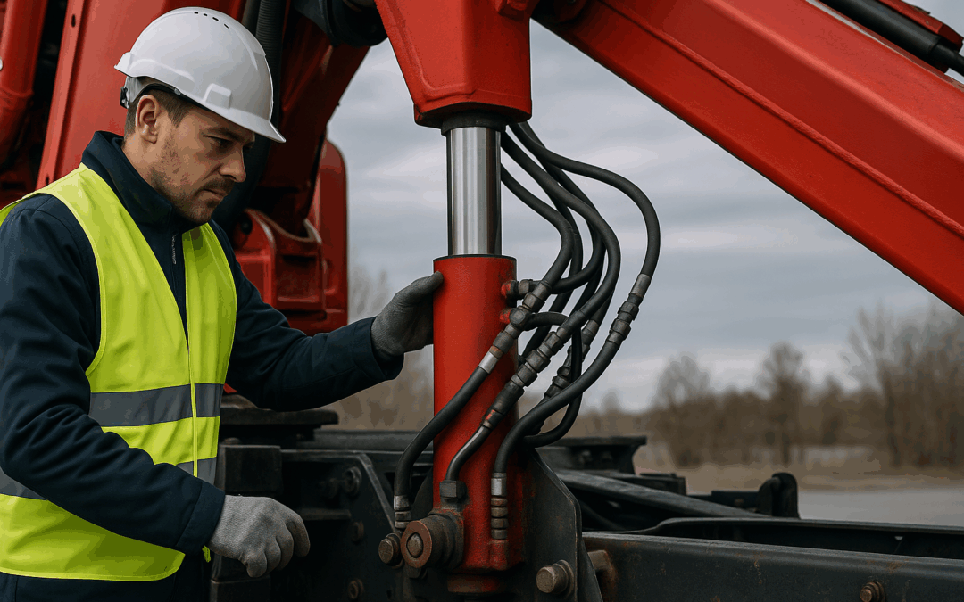 Técnico inspecciona cilindro y mangueras de grúa sobre camión; mantenimiento grúas invierno en exterior frío.