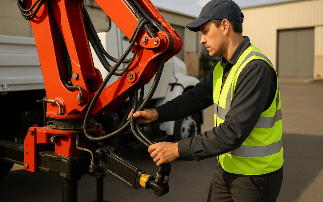 Técnico con chaleco revisa líneas hidráulicas de grúa sobre camión durante mantenimiento preventivo grúas en patio industrial