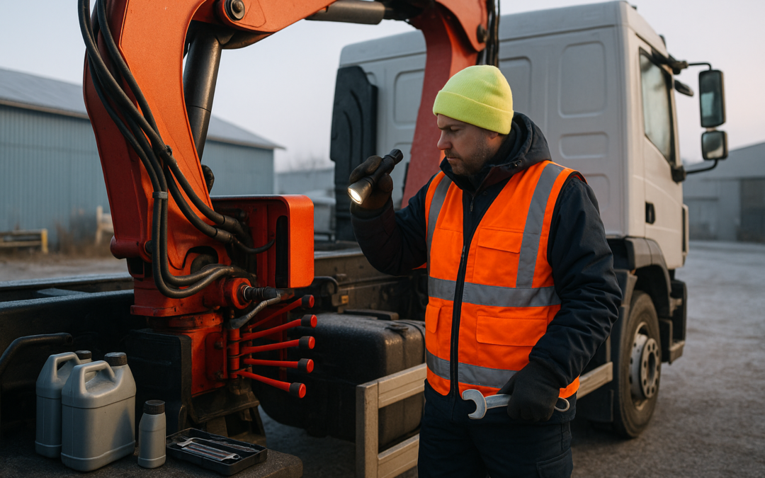 Técnico inspecciona unión hidráulica y panel de grúa sobre camión con escarcha, en mantenimiento invernal grúas al amanecer