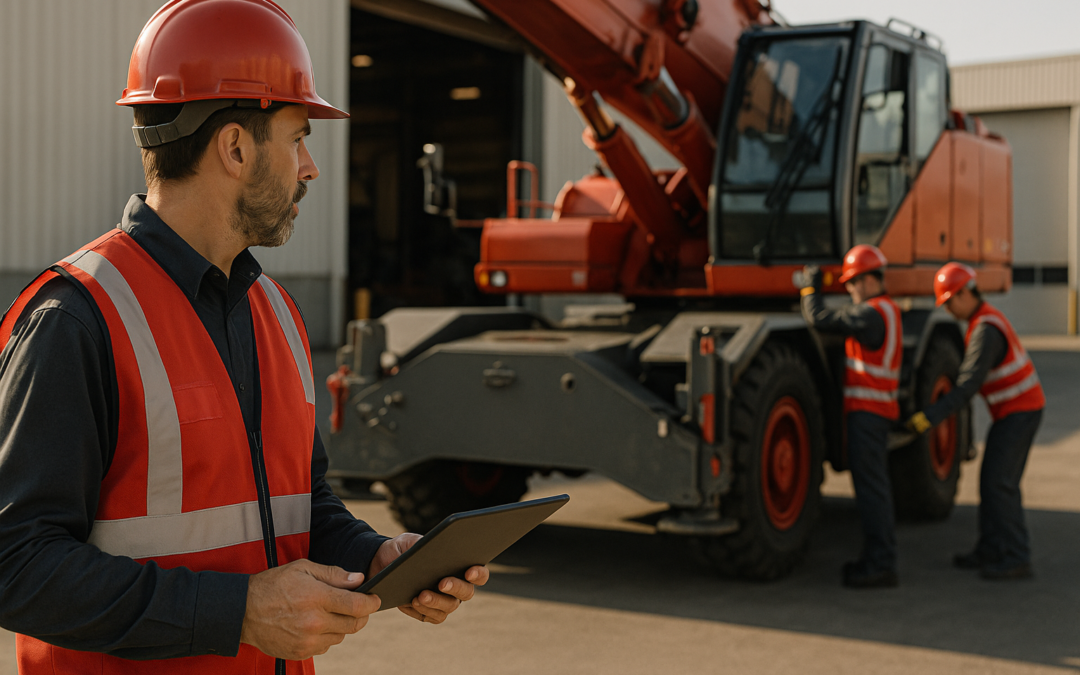 Técnico con tablet frente a grúa industrial; equipo revisa anclajes e hidráulica, mantenimiento preventivo grúas