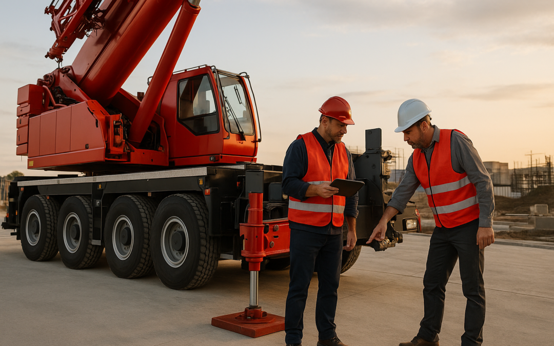 normativa grúas móviles: inspección en obra de grúa sobre camión con dos técnicos revisando estabilizadores e hidráulicos