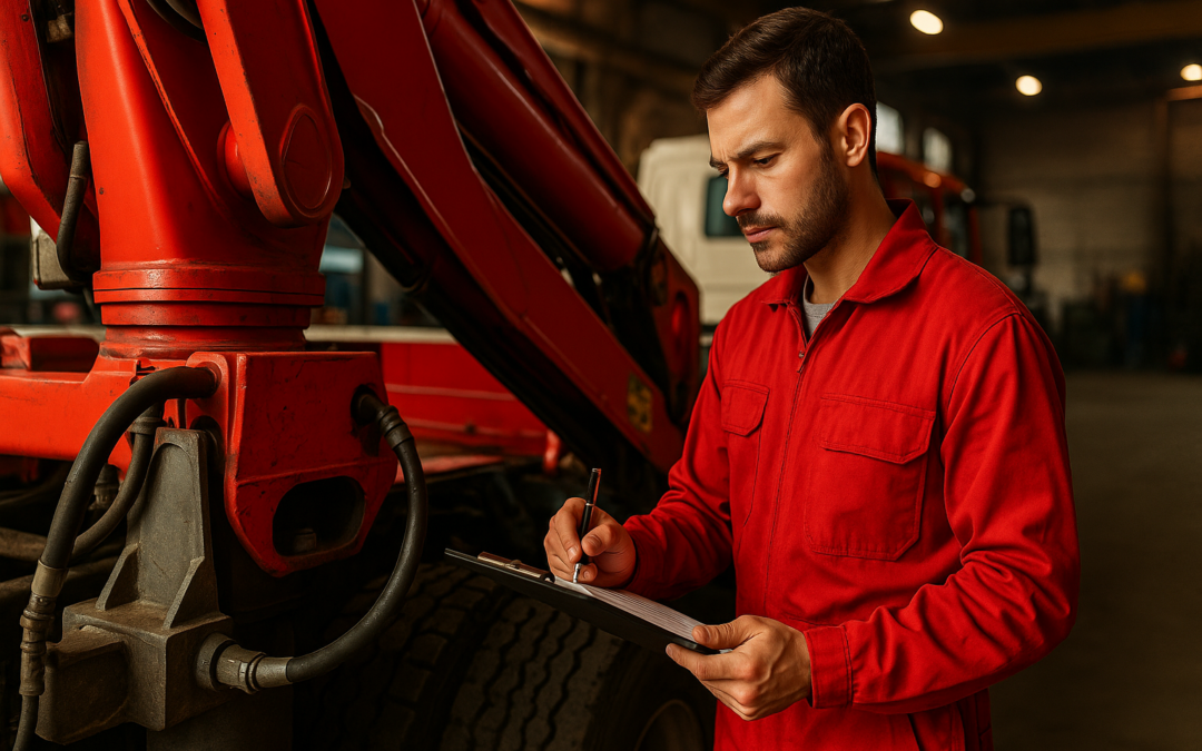 Mecánico revisando grúas sobre camión en taller, foco en anclaje, manguera hidráulica y neumático, con checklist en mano.