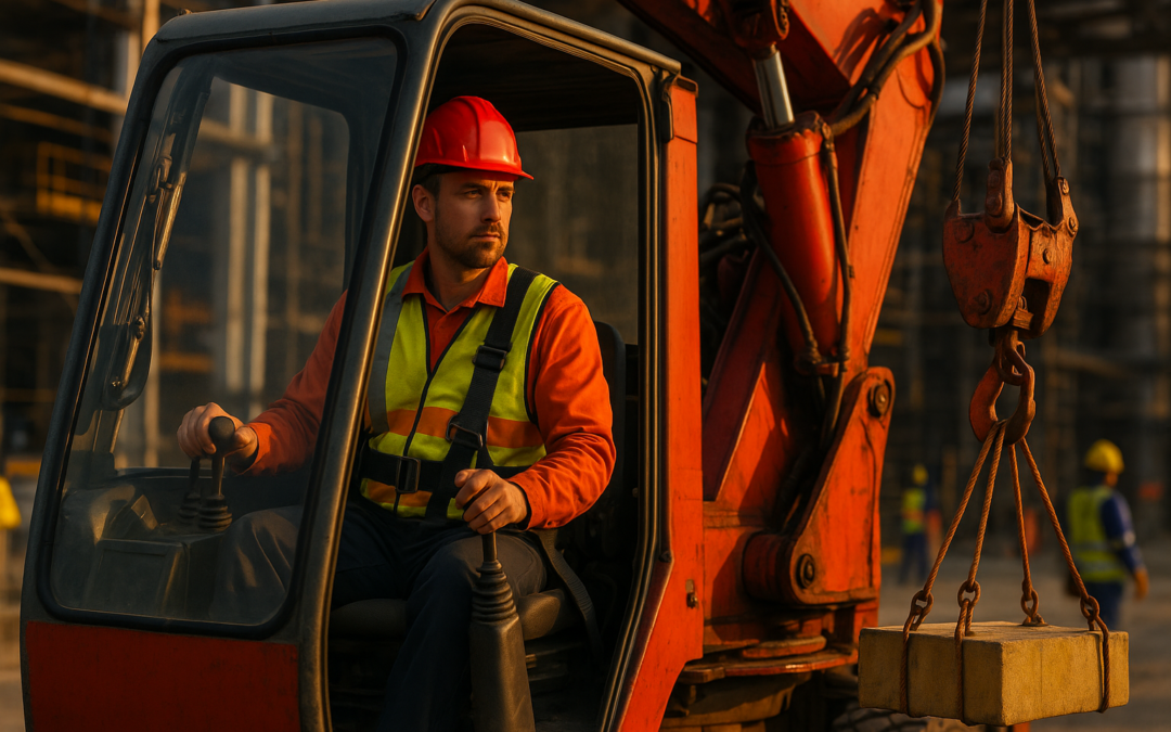 Operador de grúa con casco rojo y arnés en cabina hidráulica durante izado en obra industrial según la normativa grúas 2026.