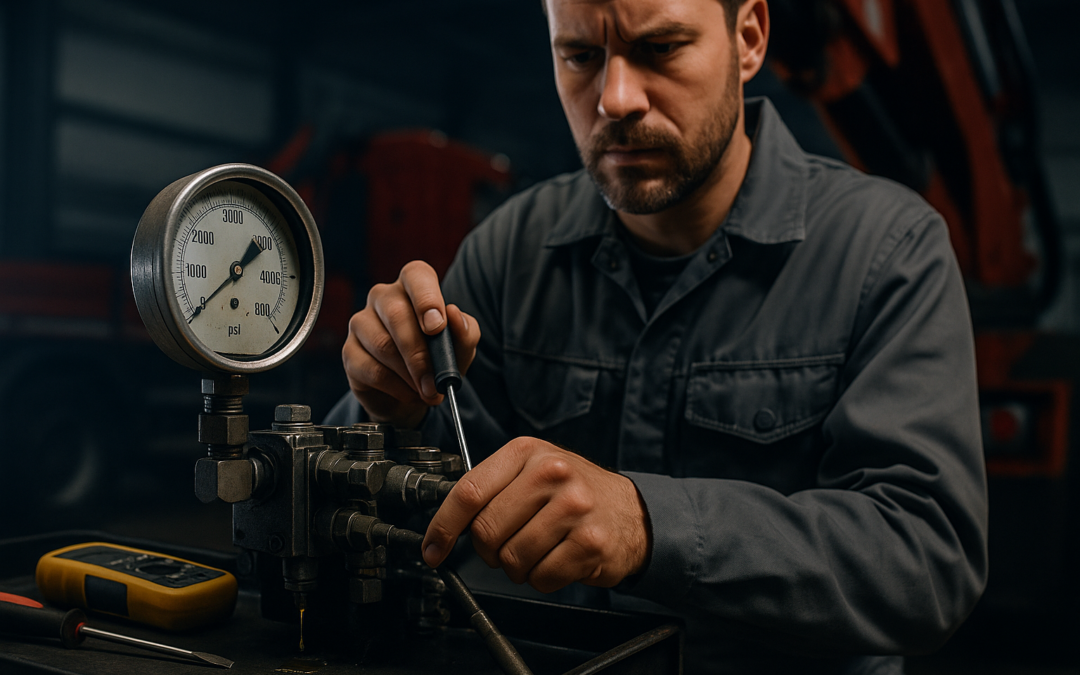 Reparaciones equipos hidráulicos en grúa sobre camión: técnico comprueba manómetro con leve fuga de aceite y herramientas