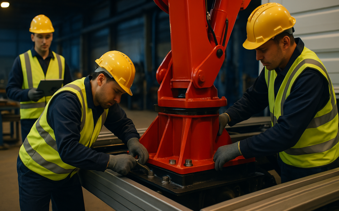 montaje grúa camión en taller: montadores fijan base roja con pernos y refuerzos; técnico supervisa con tablet