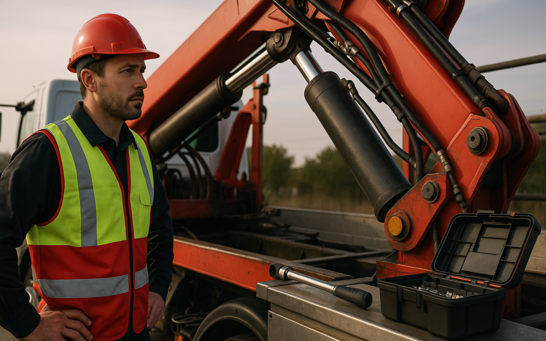 Técnico de mantenimiento inspecciona grúa en camión; mantenimiento grúas hidráulicas con caja de herramientas abierta