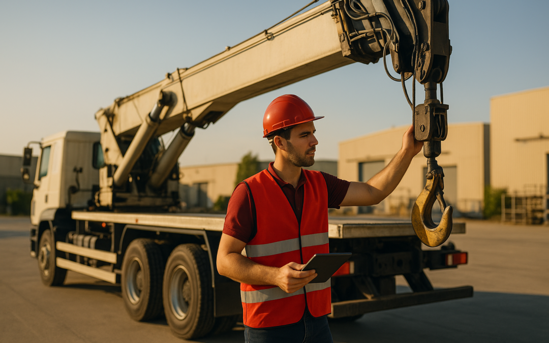 Técnico revisa brazo hidráulico y gancho de camión grúa en patio industrial; mantenimiento grúas verano al inicio de jornada.