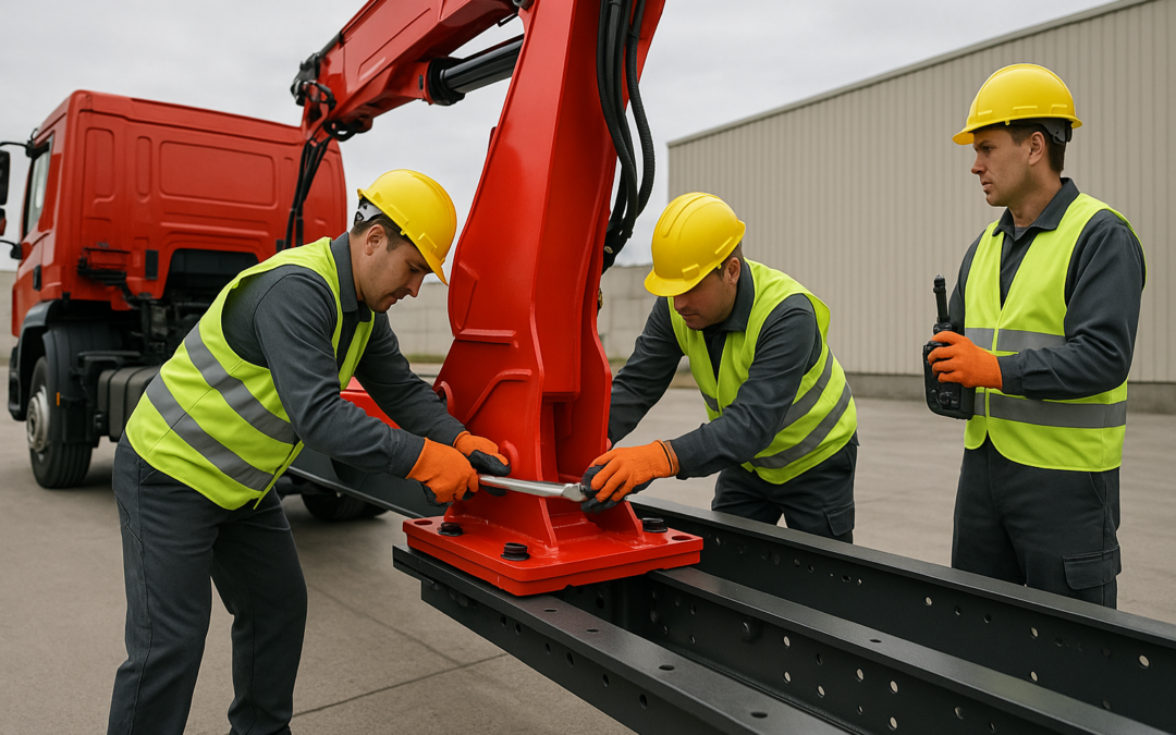 Montaje grúas camión en patio industrial: técnicos con EPI alinean bancada y bastidor, apriete con llave dinamométrica