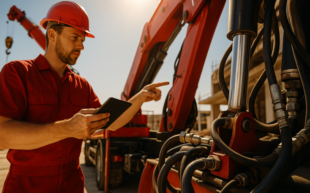 Técnico con tablet inspecciona mangueras y válvulas de grúa en obra; mantenimiento grúas hidráulicas bajo sol de verano.