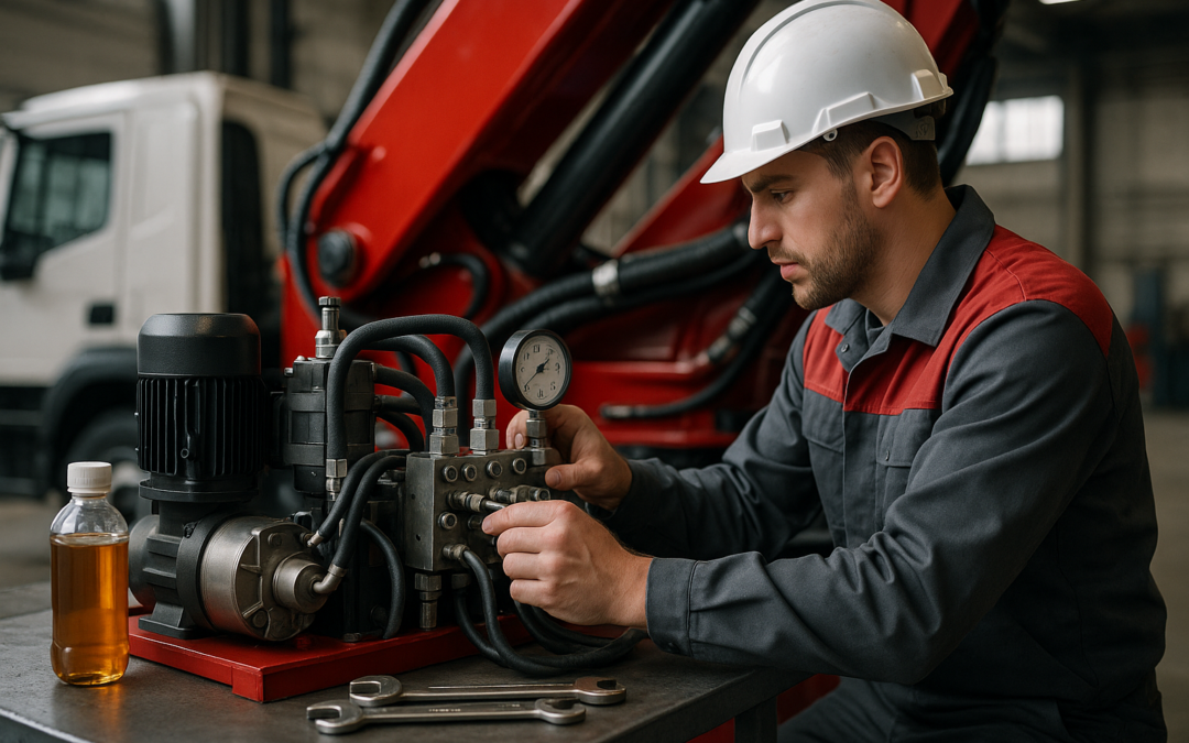 Técnico revisa mantenimiento hidráulico grúas en taller, inspecciona bomba, válvulas, cilindro y mangueras con manómetro